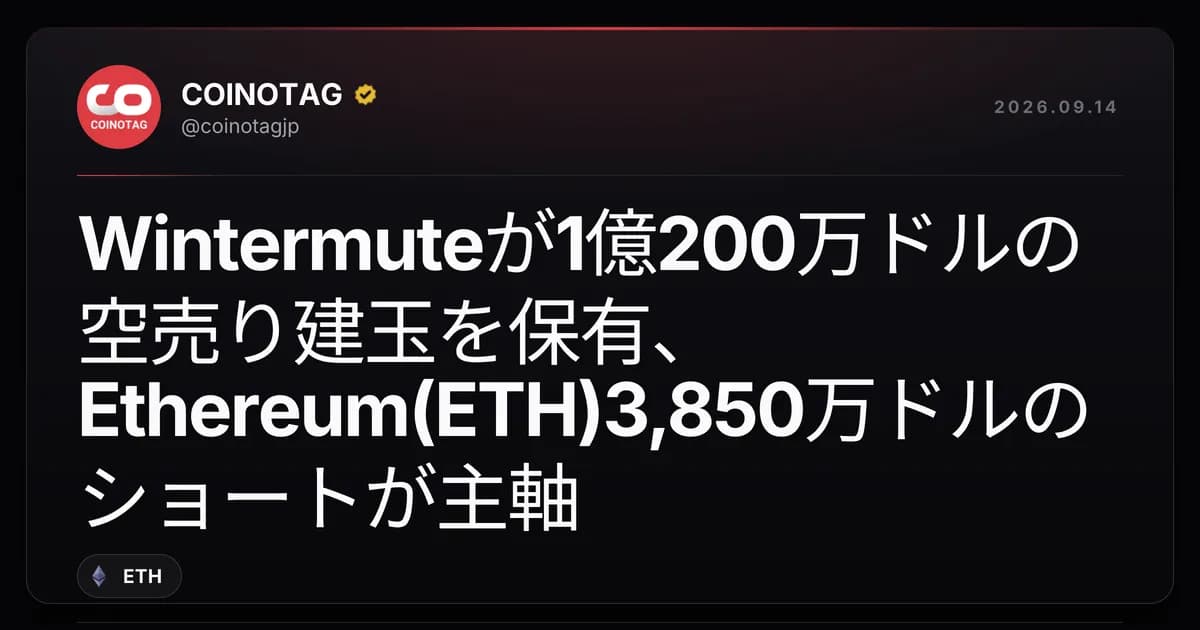 Wintermuteが1億200万ドルの空売り建玉を保有、Ethereum(ETH)3,850万ドルのショートが主軸