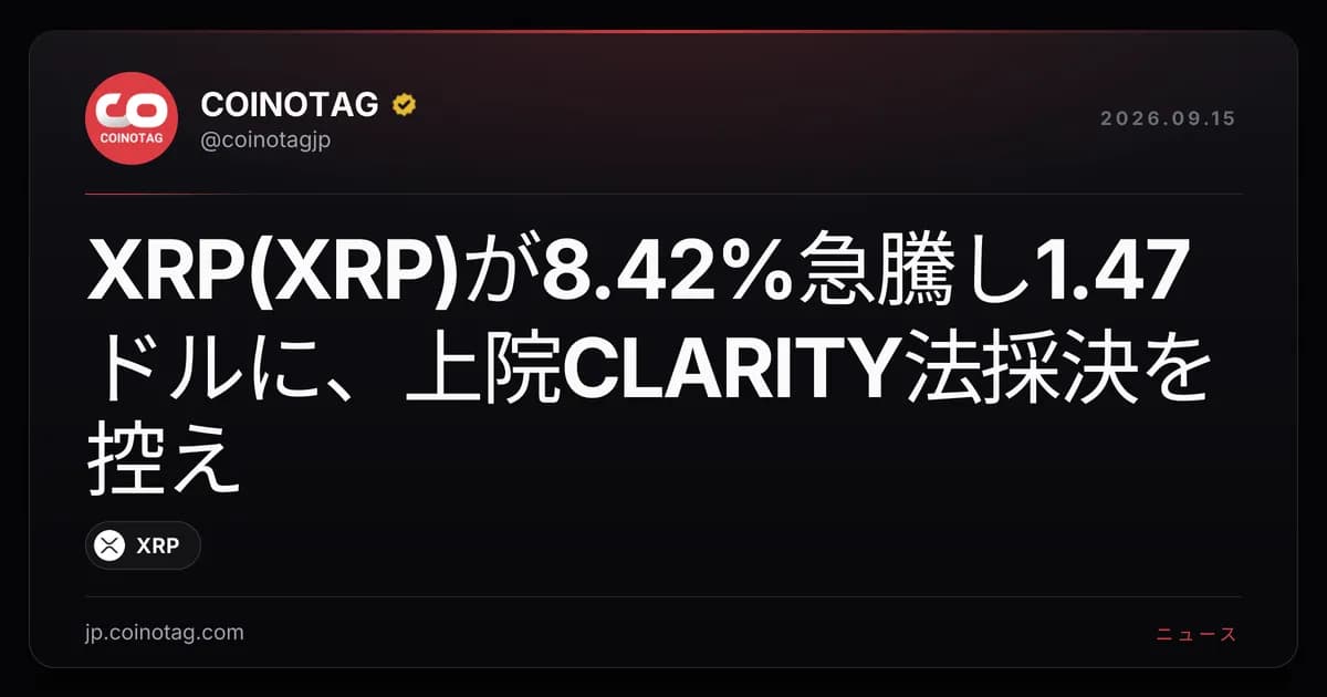 XRP(XRP)が8.42%急騰し1.47ドルに、上院CLARITY法採決を控え