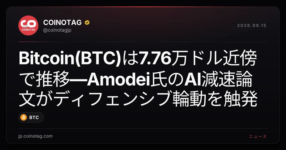 Bitcoin(BTC)は7.76万ドル近傍で推移—Amodei氏のAI減速論文がディフェンシブ輪動を触発