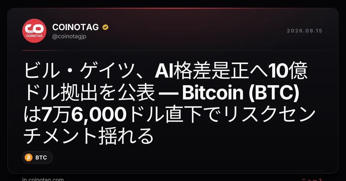 ビル・ゲイツ、AI格差是正へ10億ドル拠出を公表 ― Bitcoin (BTC)は7万6,000ドル直下でリスクセンチメント揺れる