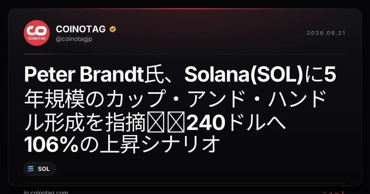 Peter Brandt氏、Solana(SOL)に5年規模のカップ・アンド・ハンドル形成を指摘──240ドルへ106%の上昇シナリオ