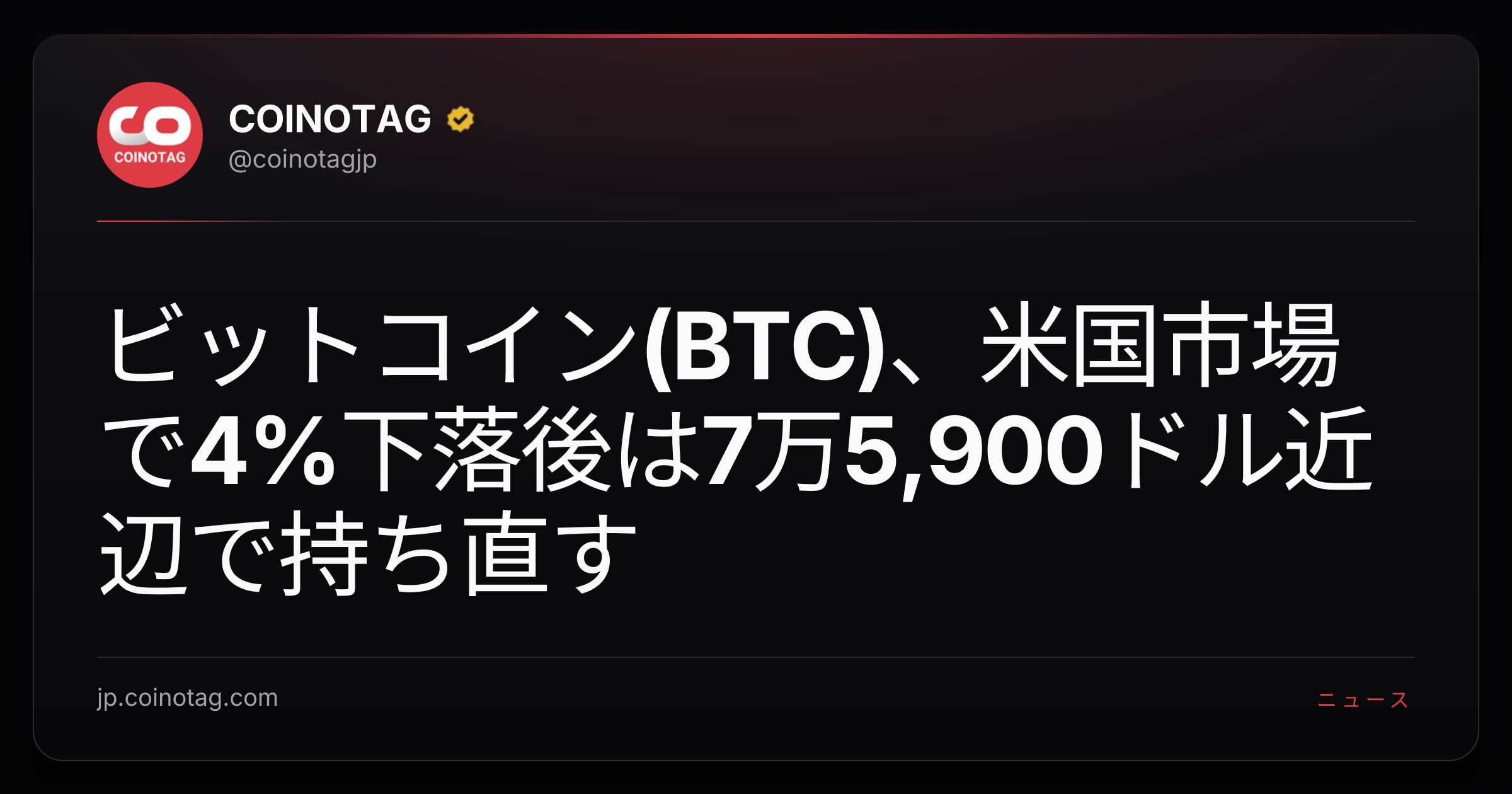 ビットコイン(BTC)、米国市場で4%下落後は7万5,900ドル近辺で持ち直す