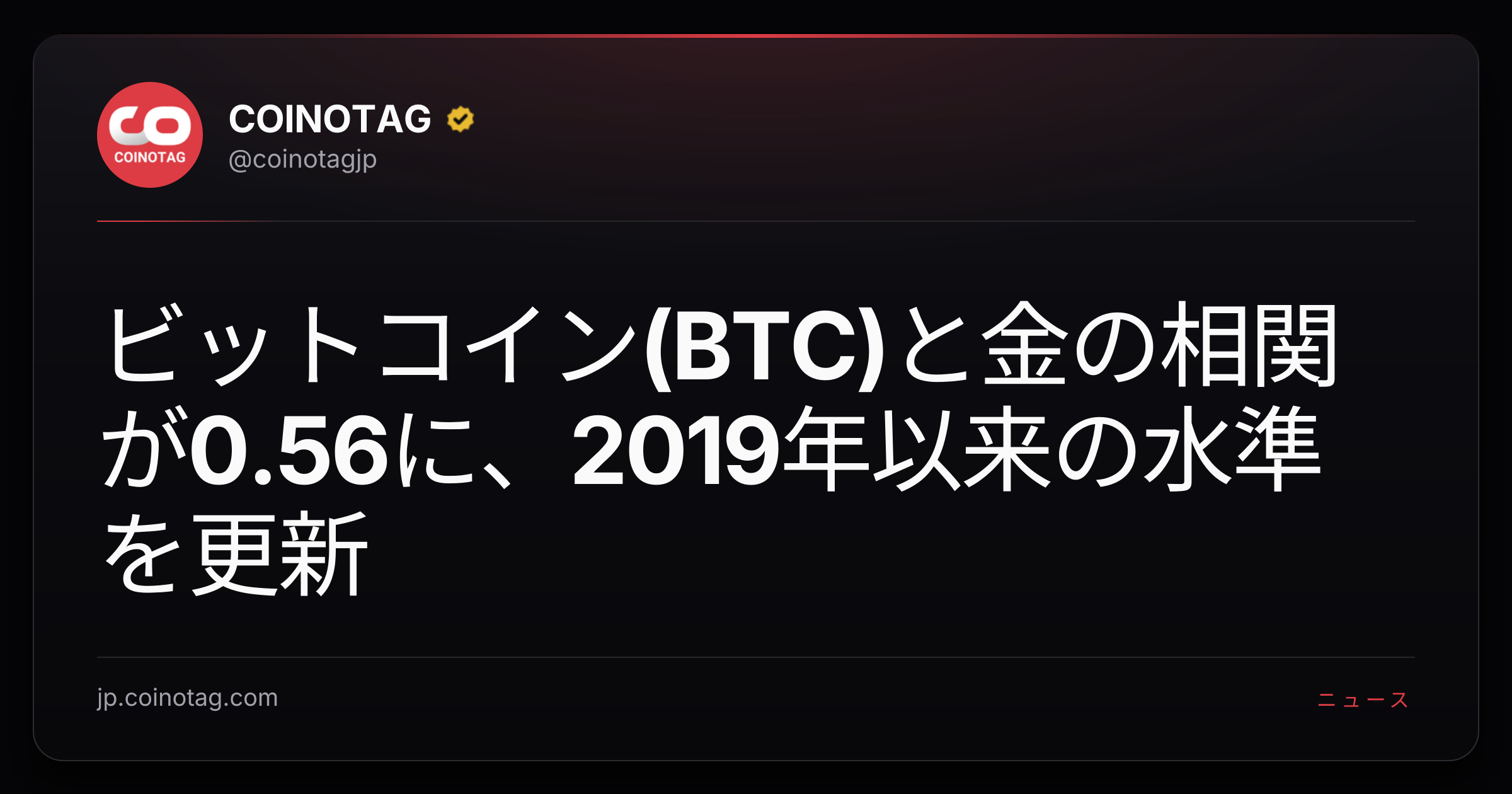 ビットコイン(BTC)と金の相関が0.56に、2019年以来の水準を更新