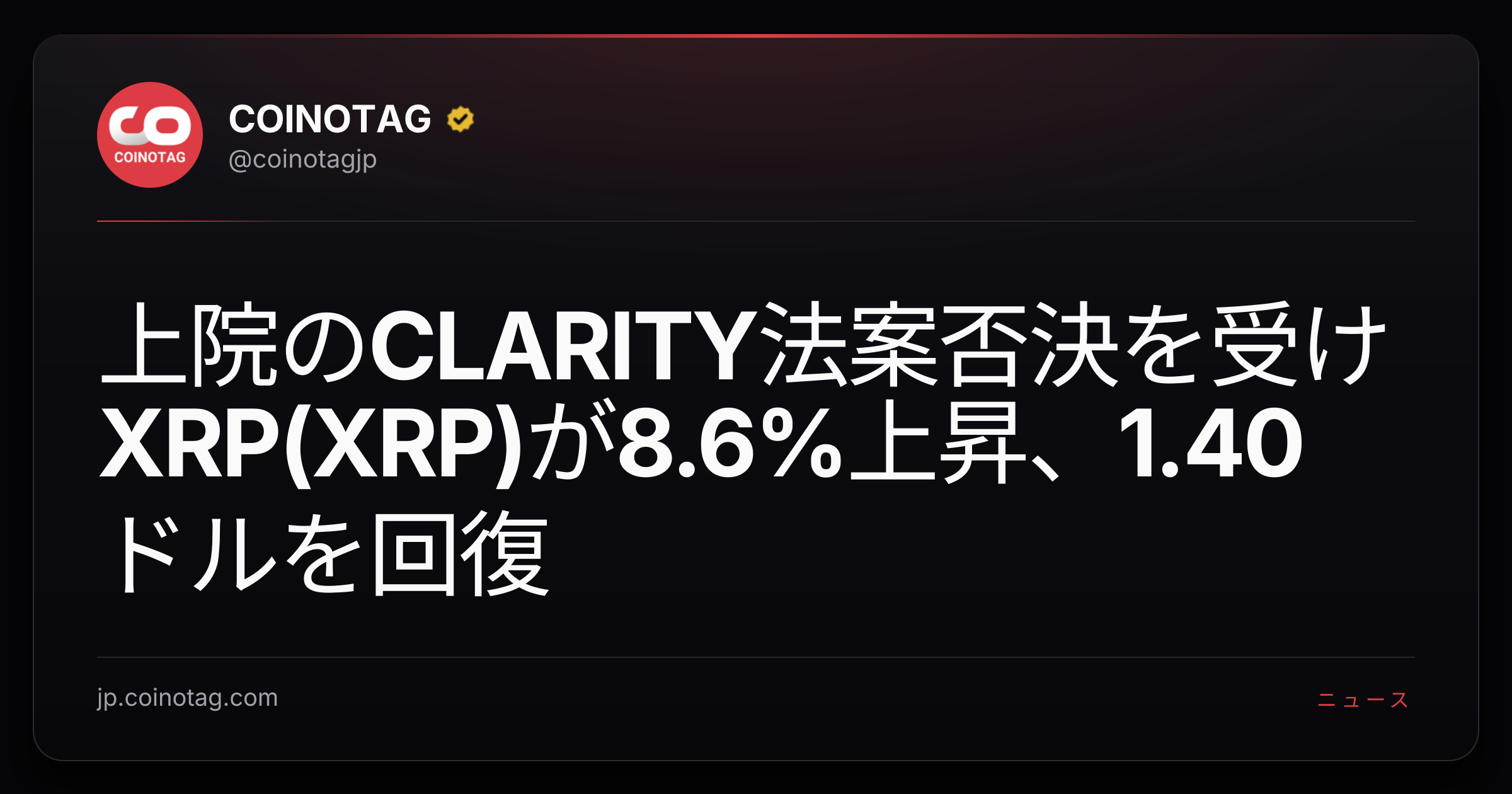 上院のCLARITY法案否決を受けXRP(XRP)が8.6%上昇、1.40ドルを回復
