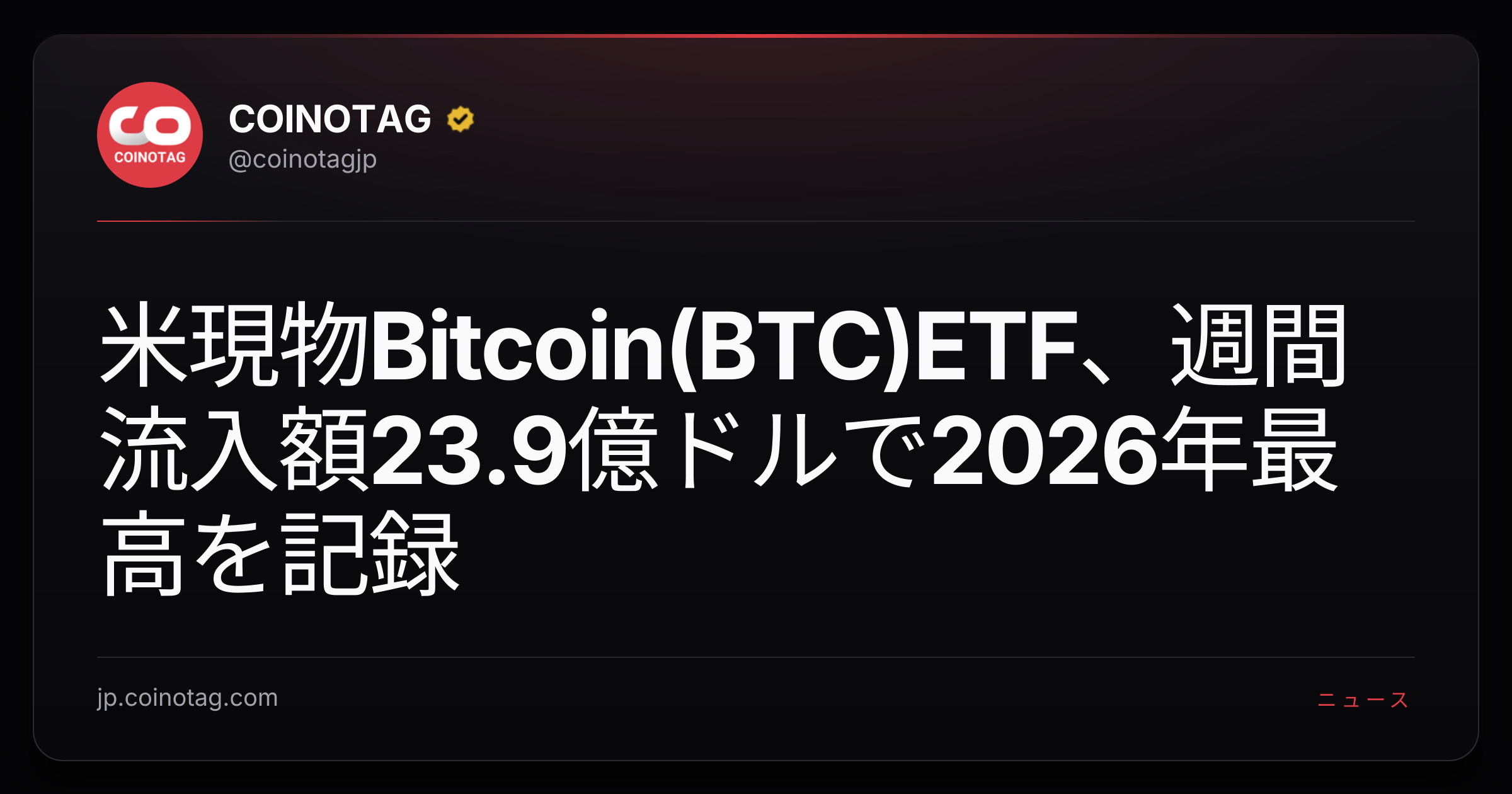 米現物Bitcoin(BTC)ETF、週間流入額23.9億ドルで2026年最高を記録