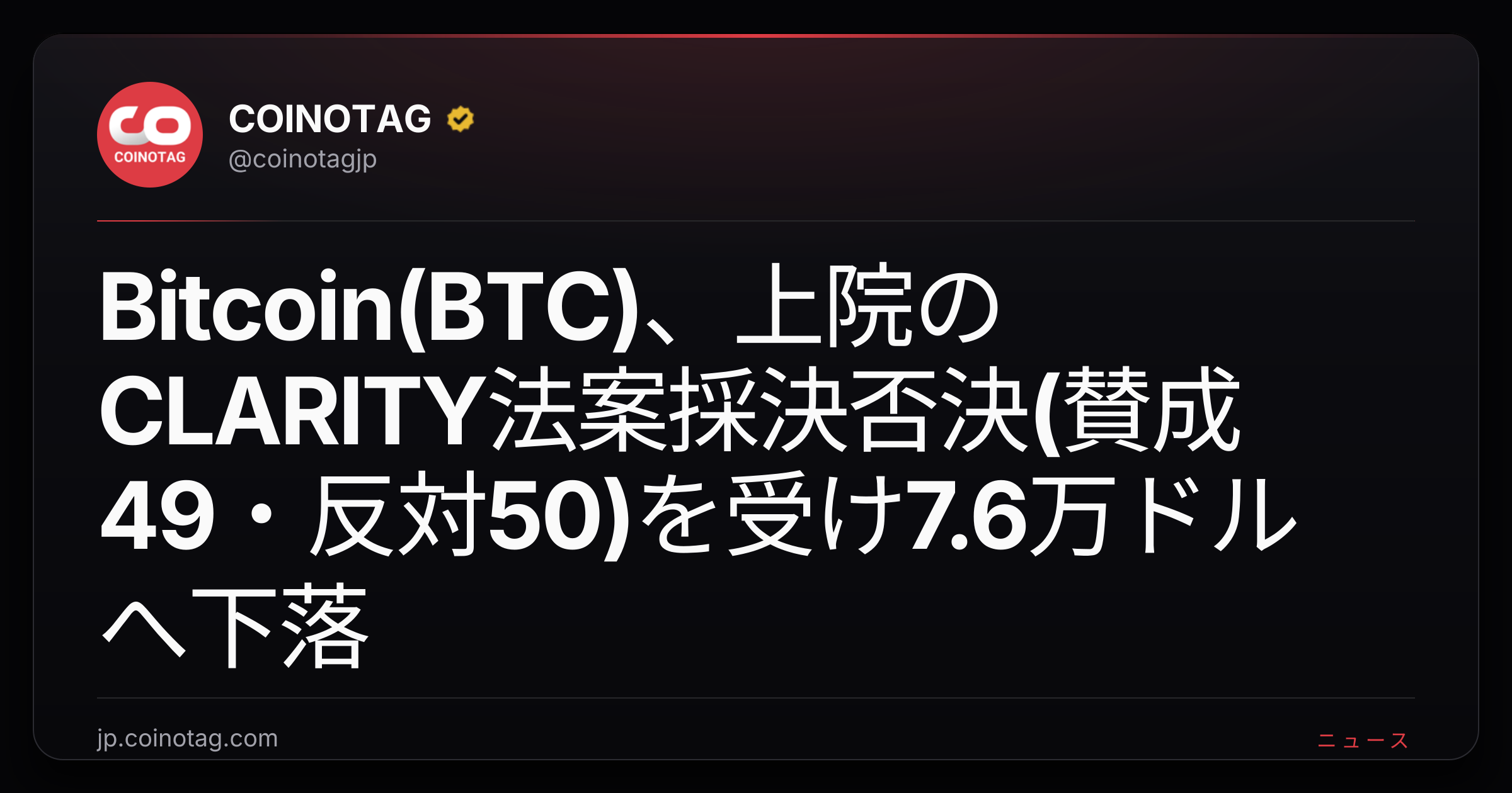 Bitcoin(BTC)、上院のCLARITY法案採決否決(賛成49・反対50)を受け7.6万ドルへ下落