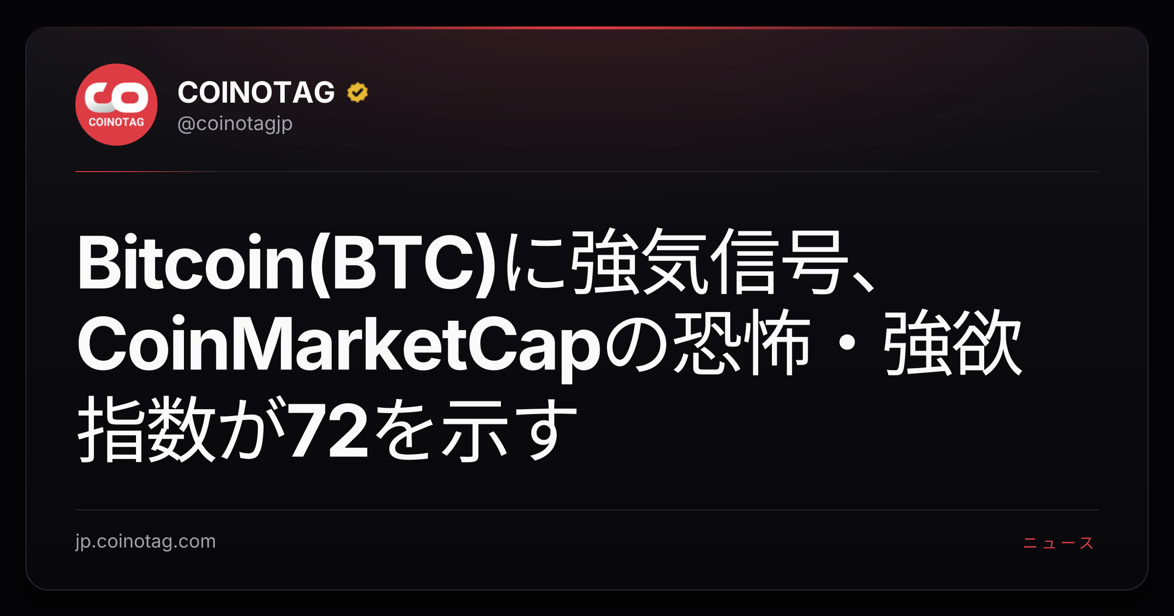 Bitcoin(BTC)に強気信号、CoinMarketCapの恐怖・強欲指数が72を示す