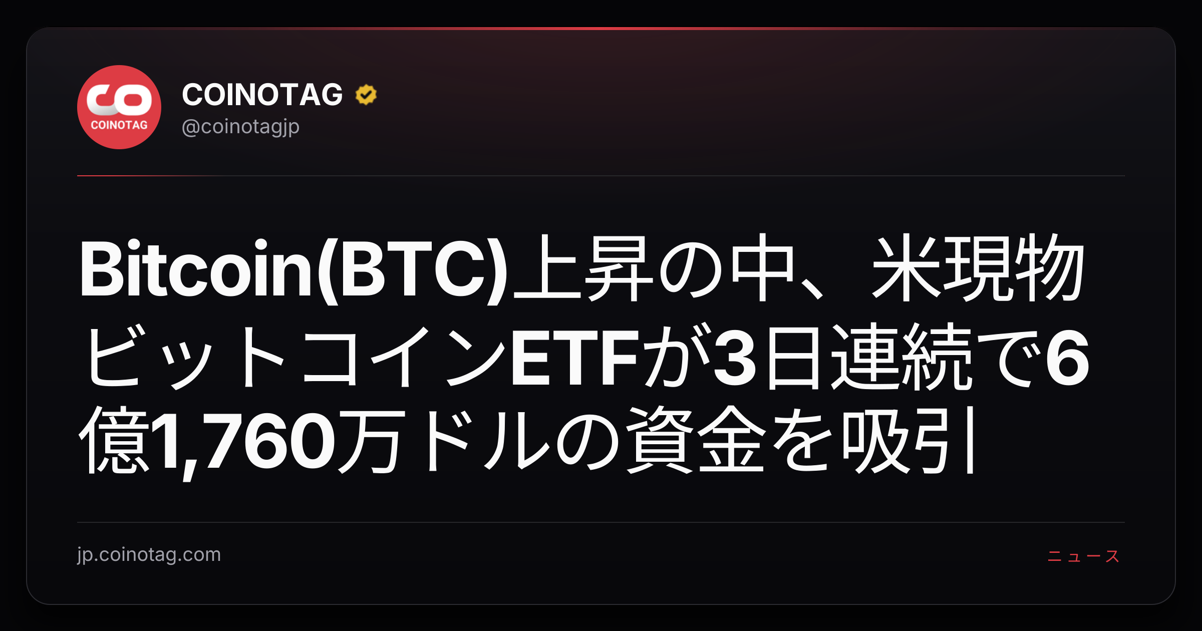 Bitcoin(BTC)上昇の中、米現物ビットコインETFが3日連続で6億1,760万ドルの資金を吸引