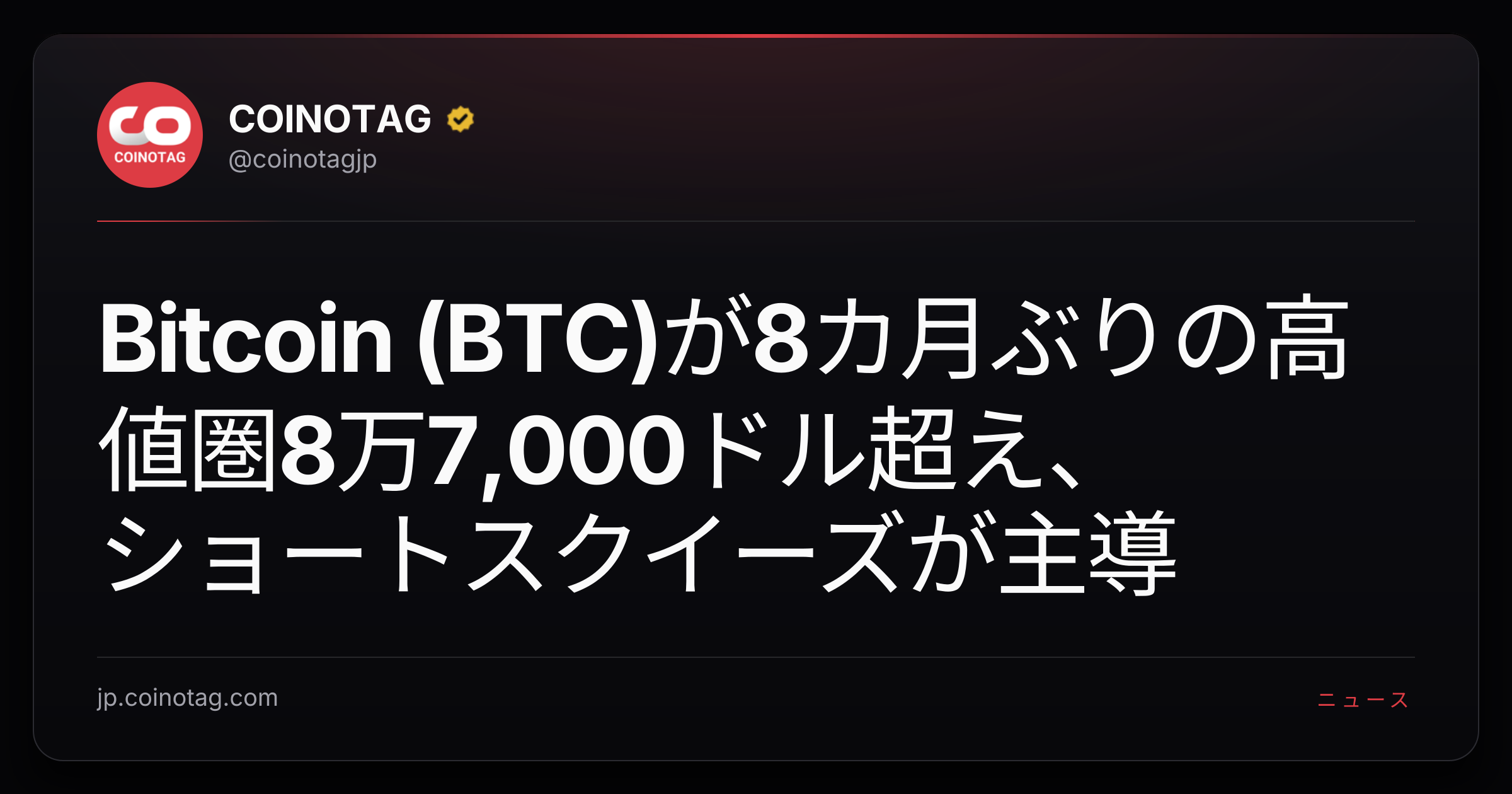 Bitcoin (BTC)が8カ月ぶりの高値圏8万7,000ドル超え、ショートスクイーズが主導