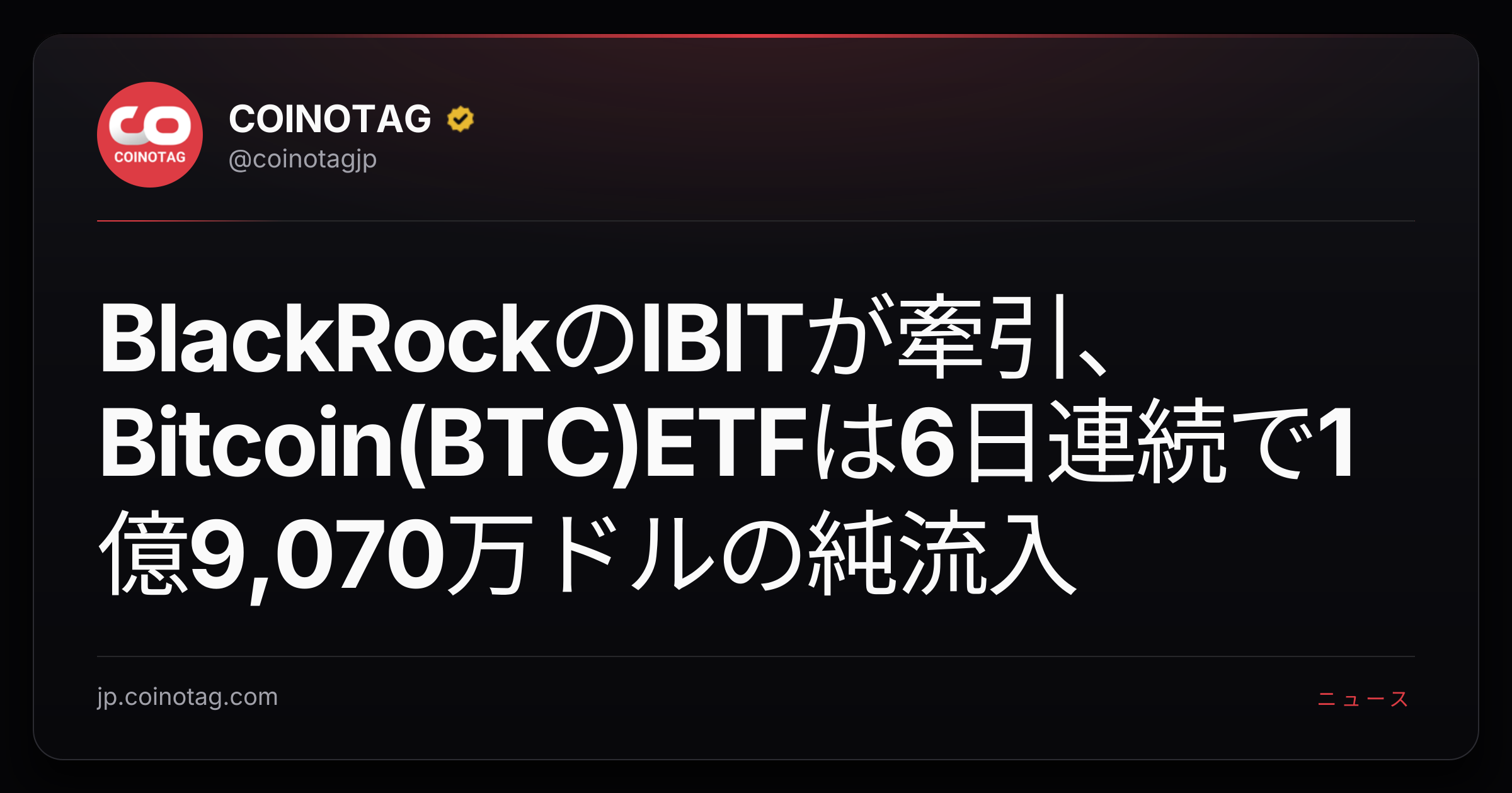 BlackRockのIBITが牽引、Bitcoin(BTC)ETFは6日連続で1億9,070万ドルの純流入