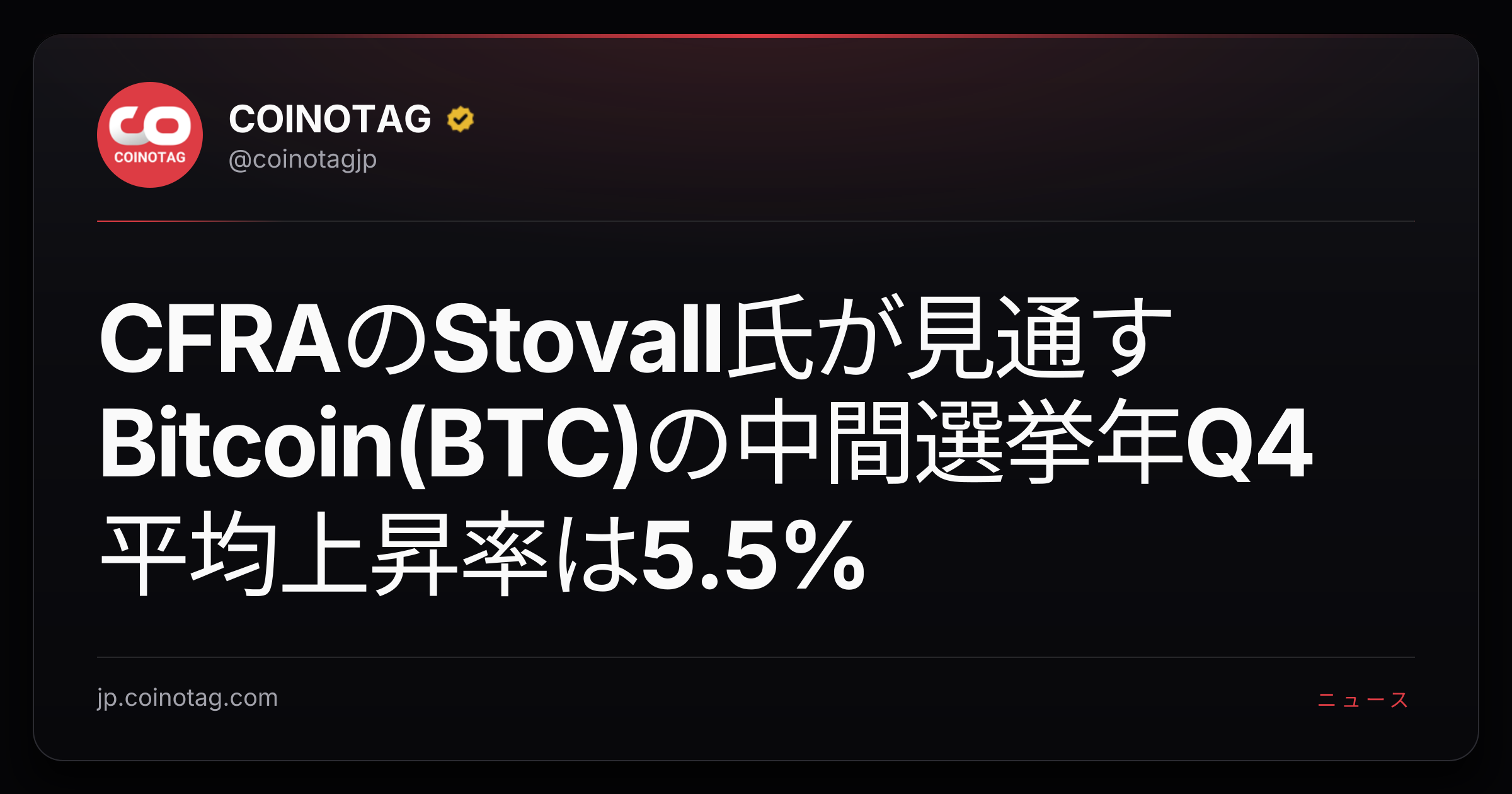 CFRAのStovall氏が見通すBitcoin(BTC)の中間選挙年Q4平均上昇率は5.5%
