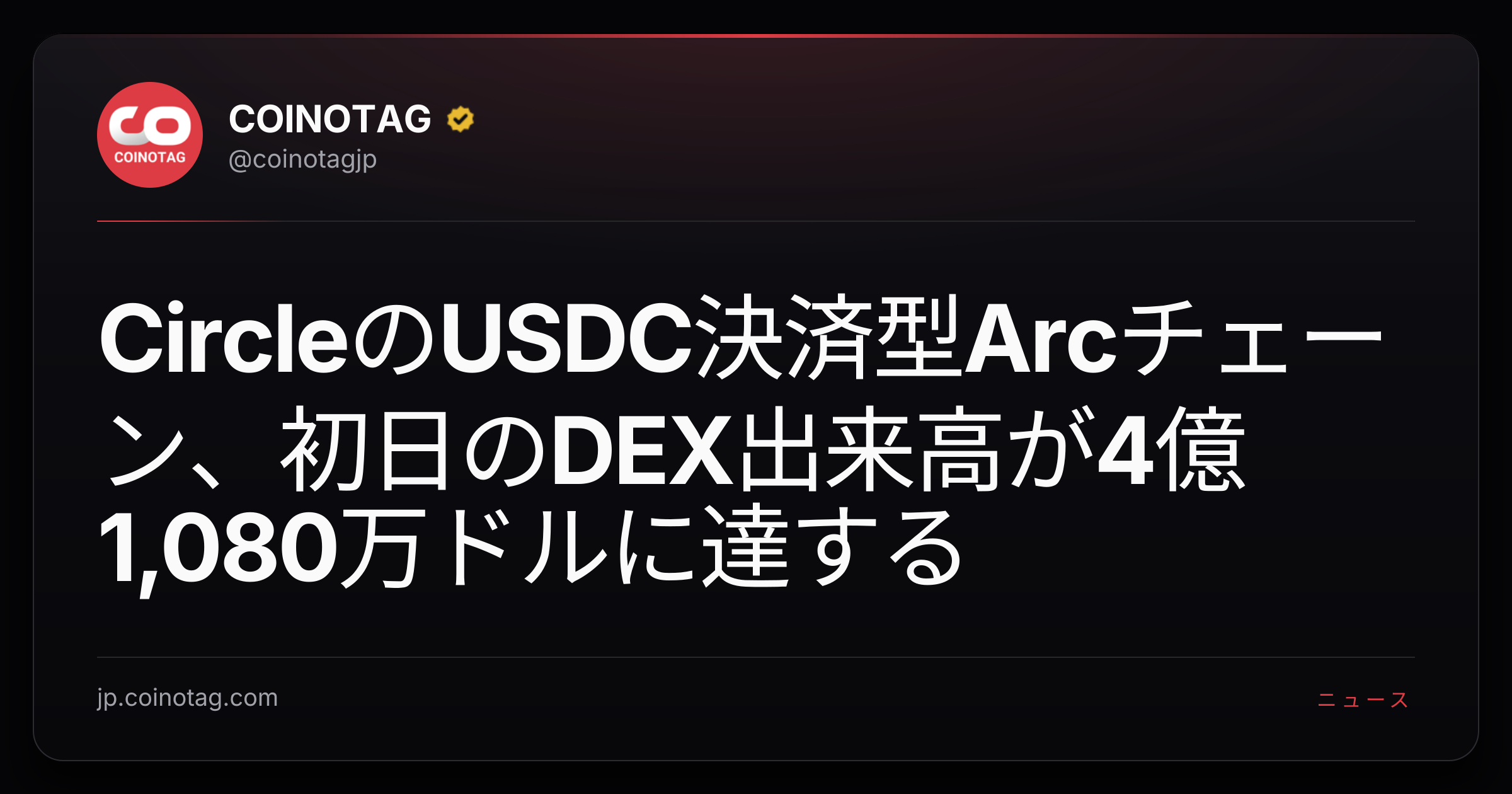 CircleのUSDC決済型Arcチェーン、初日のDEX出来高が4億1,080万ドルに達する