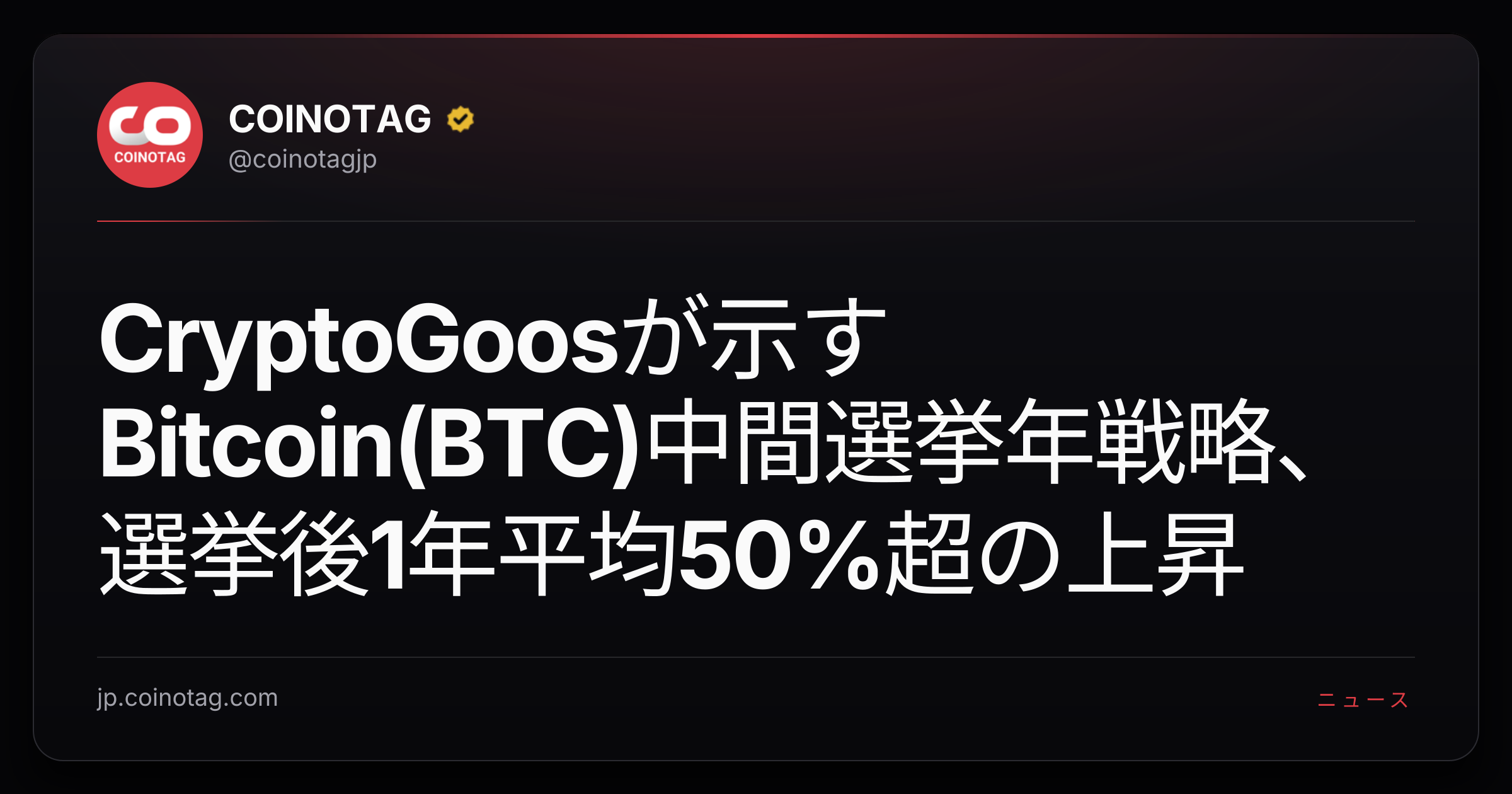 CryptoGoosが示すBitcoin(BTC)中間選挙年戦略、選挙後1年平均50%超の上昇