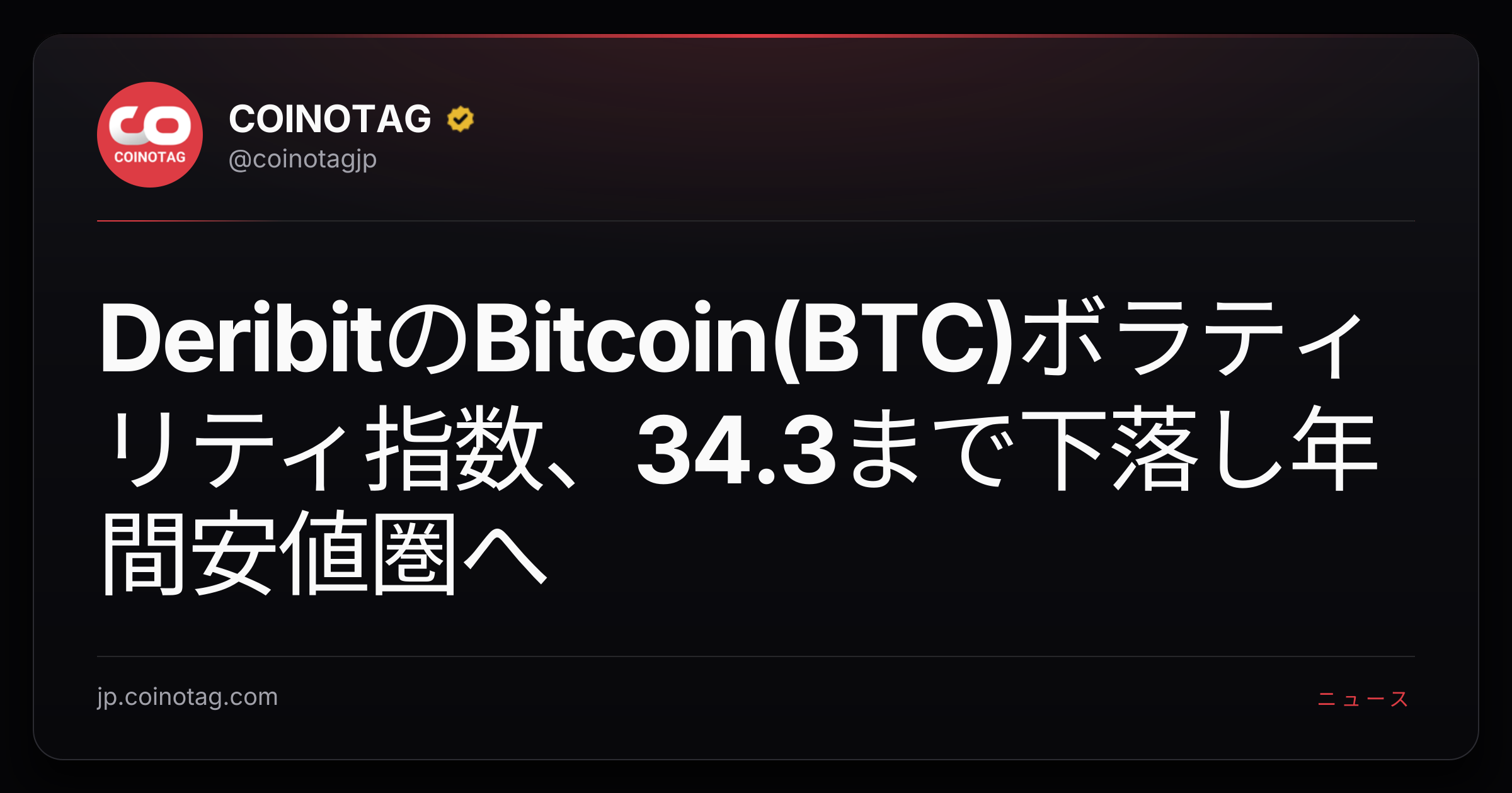 DeribitのBitcoin(BTC)ボラティリティ指数、34.3まで下落し年間安値圏へ