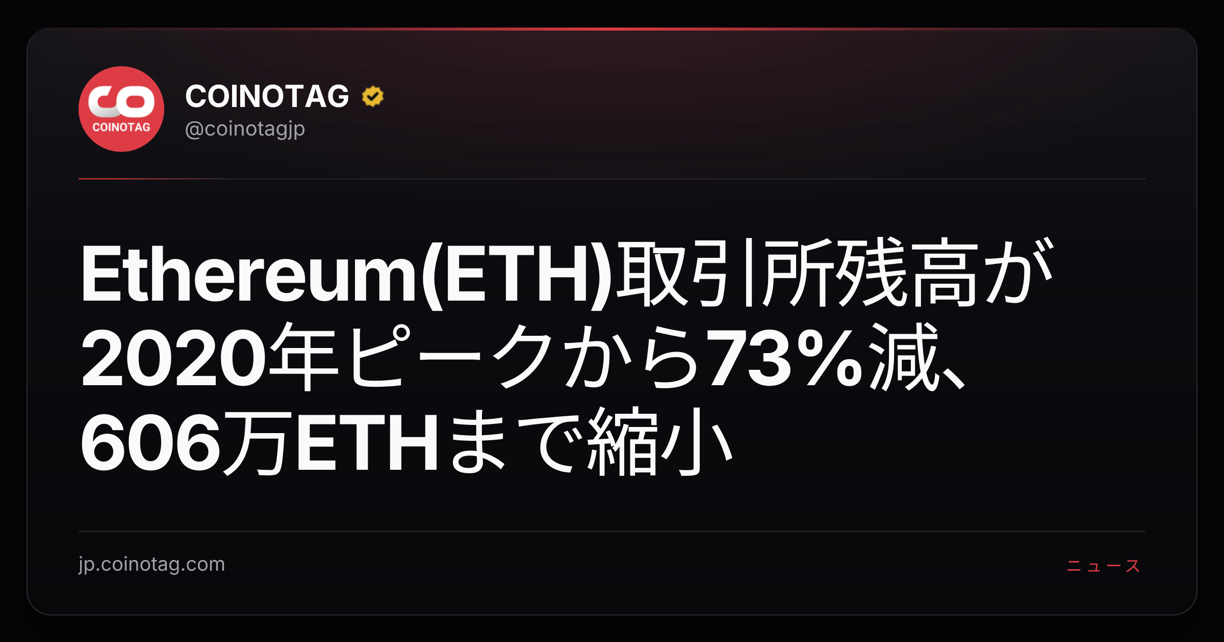 Ethereum(ETH)取引所残高が2020年ピークから73%減、606万ETHまで縮小