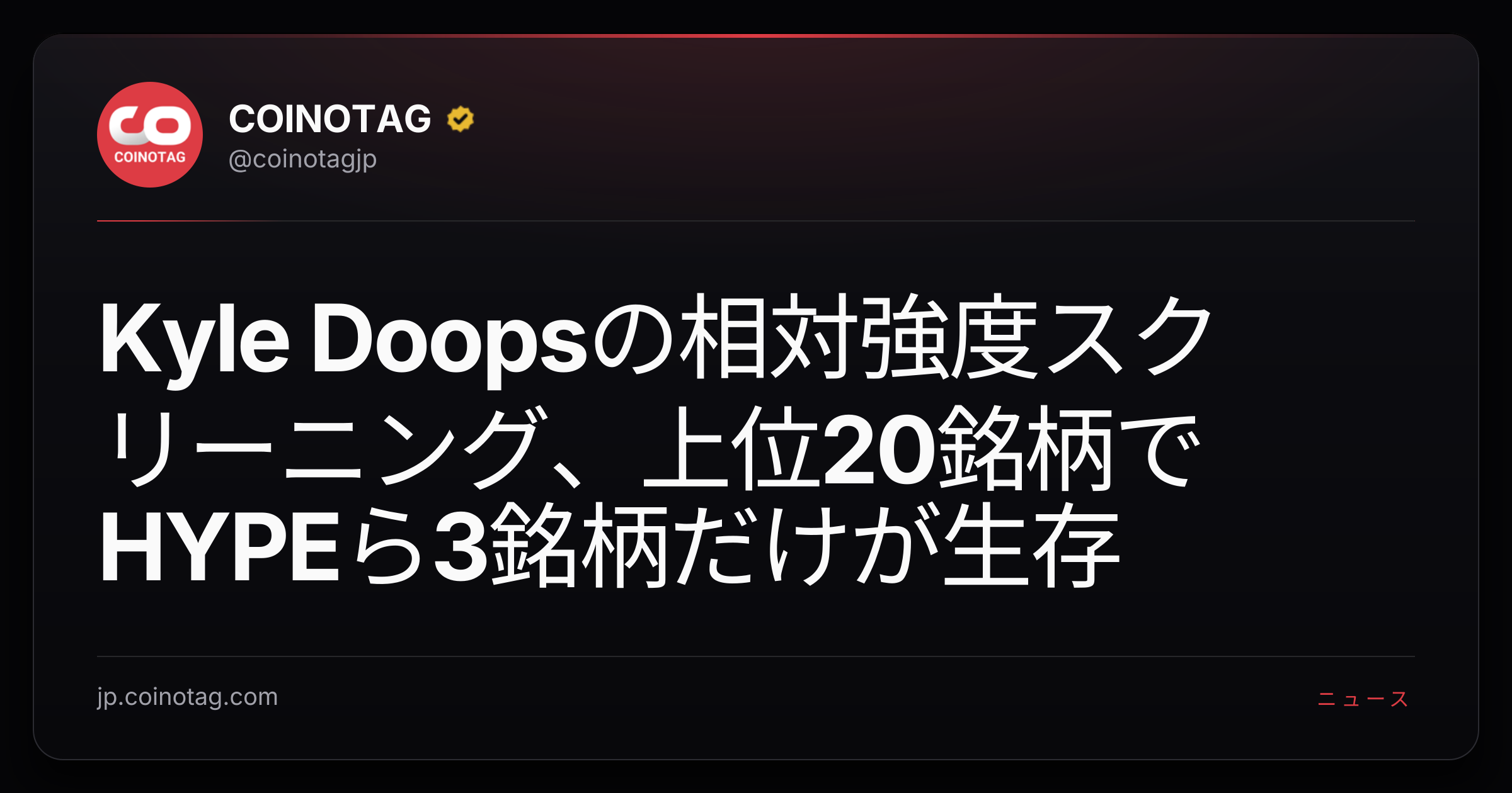 Kyle Doopsの相対強度スクリーニング、上位20銘柄でHYPEら3銘柄だけが生存