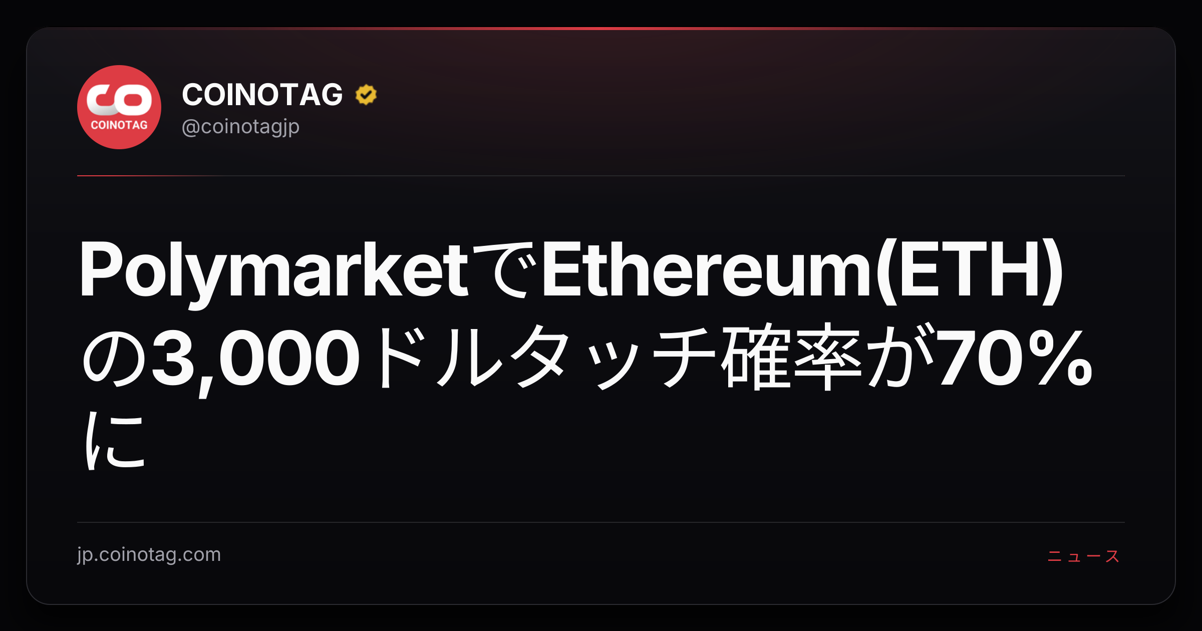 PolymarketでEthereum(ETH)の3,000ドルタッチ確率が70%に