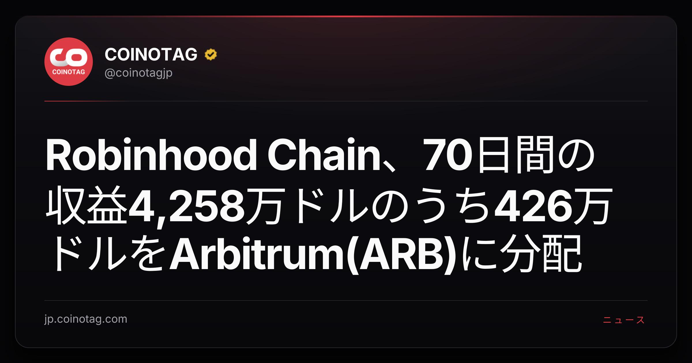 Robinhood Chain、70日間の収益4,258万ドルのうち426万ドルをArbitrum(ARB)に分配