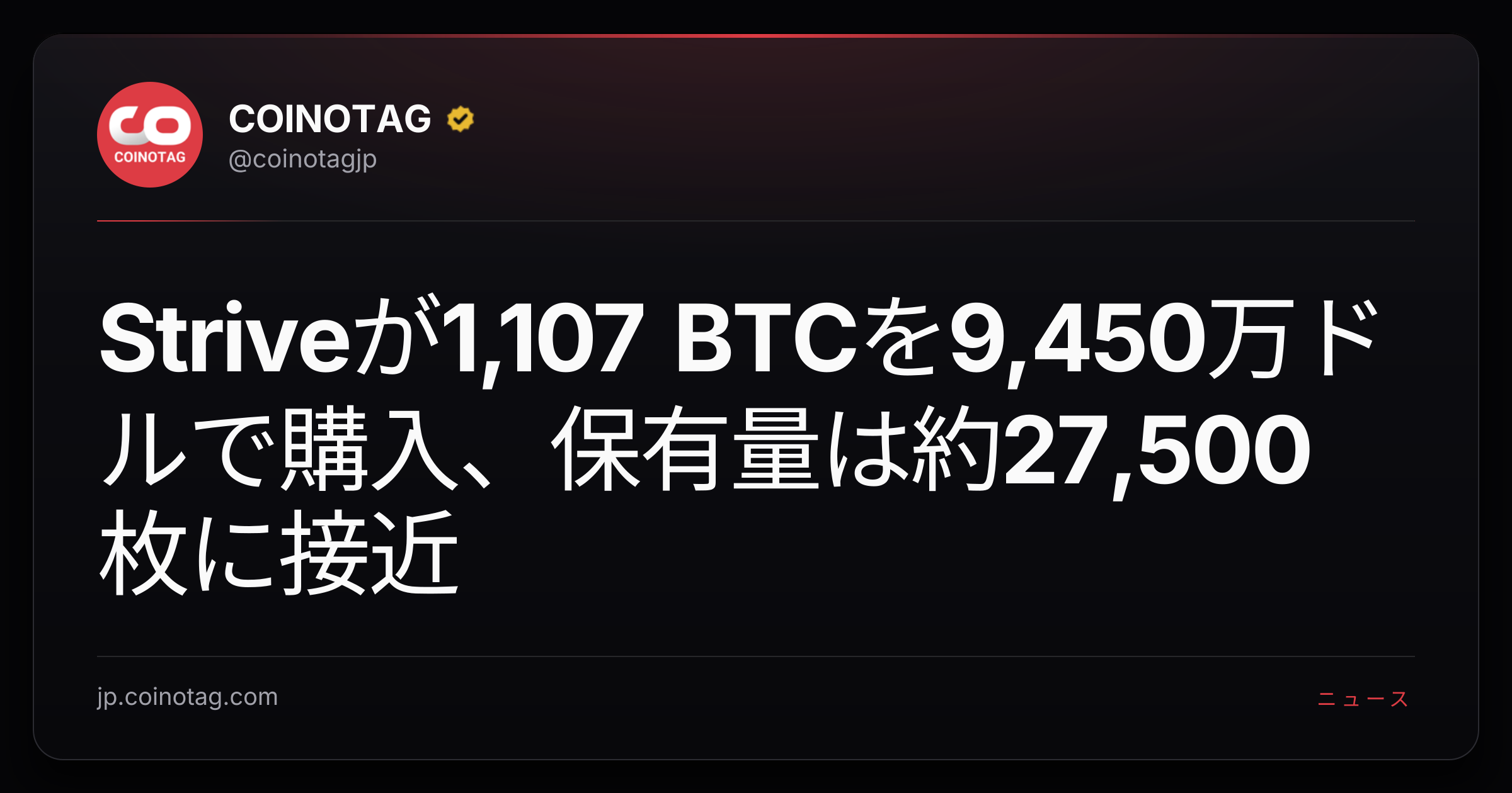 Striveが1,107 BTCを9,450万ドルで購入、保有量は約27,500枚に接近