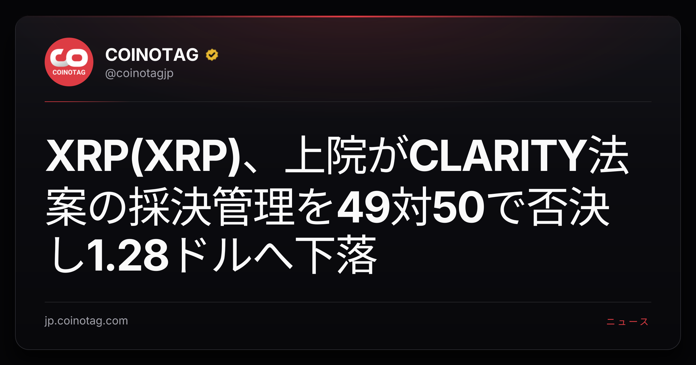 XRP(XRP)、上院がCLARITY法案の採決管理を49対50で否決し1.28ドルへ下落