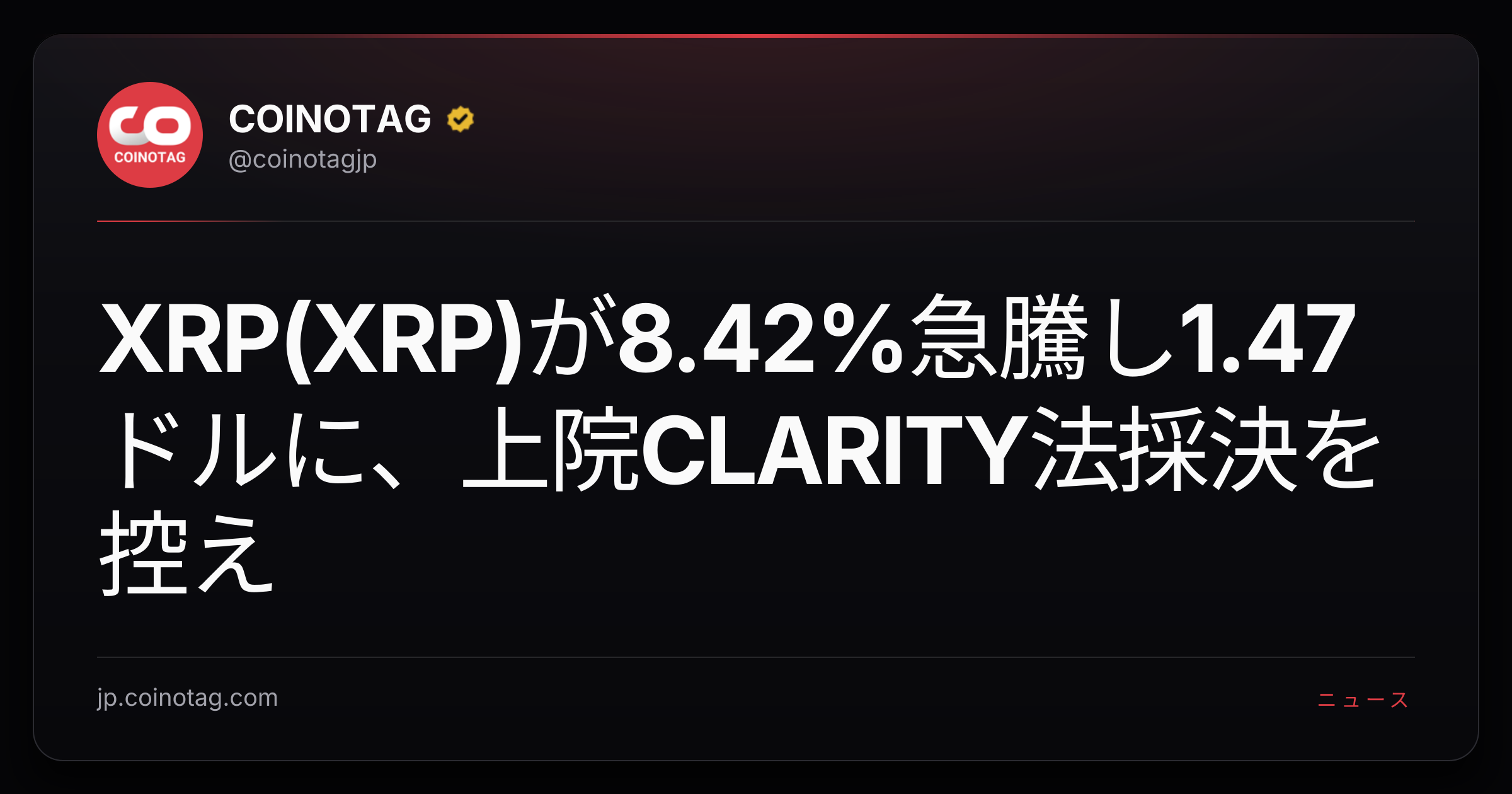 XRP(XRP)が8.42%急騰し1.47ドルに、上院CLARITY法採決を控え