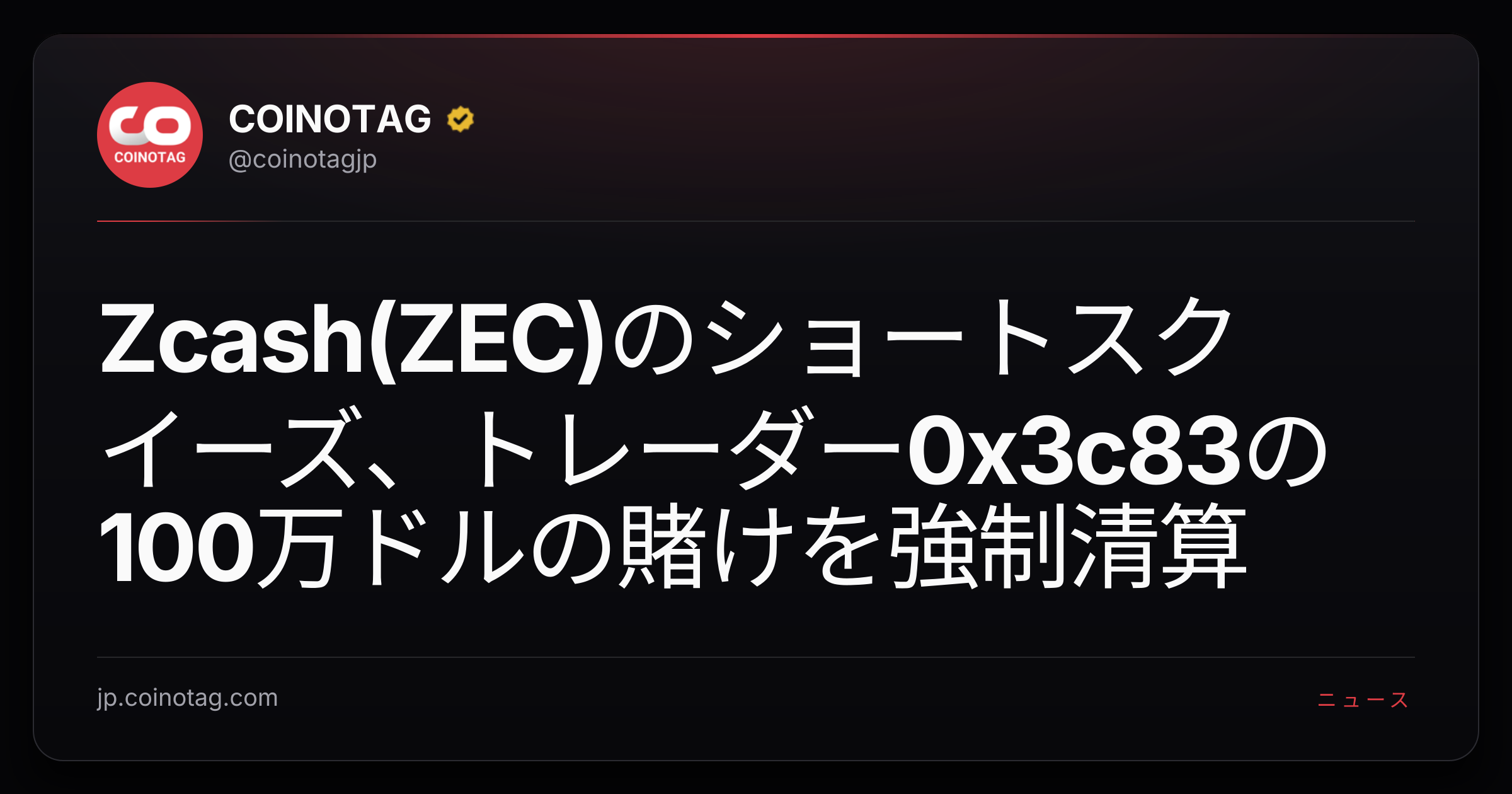 Zcash(ZEC)のショートスクイーズ、トレーダー0x3c83の100万ドルの賭けを強制清算